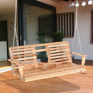 VcJta Wooden Porch Swing BENCH Folding Table - 3-Seater Outdoor Furniture Chains PU Coating Weatherproof