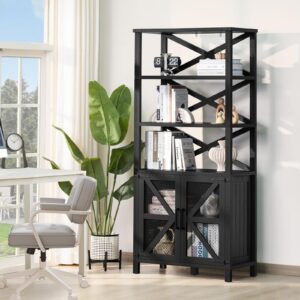 Joaxswe 5 Tier Bookshelf 70" Tall Bookcase with Barn Doors,Large Farmhouse Display Book Shelf with Adjustable Shelves and Storage Cabinet，Library Wood Bookshelves for Living Room,Kitchen,Black