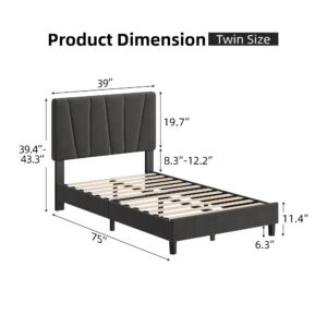 IDEALHOUSE Twin Bed Frame with Headboard,Linen Upholstered Platform Bed with Adjustable Diagonal Channel Tufted Headboard, Mattress Foundation with Strong Wooden Slats, Box Spring Optional, Grey