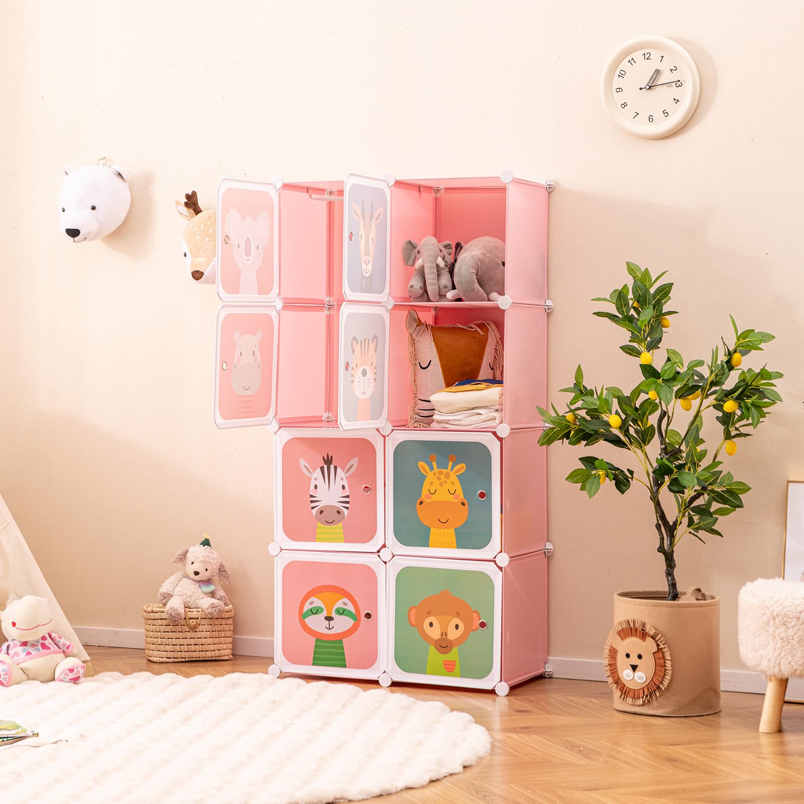 Costzon Kids Closet, Cartoon DIY Modular Dresser Storage Organizer with 8 Cubes & Clothes Hanging Rack, Portable Armoire for Baby Toddlers, Kids Wardrobe for Bedroom Nursery, Pink