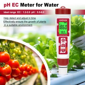 GIDIGI pH Meter,Hydroponic pH Tester, Nutrients ppm pH Meter with Backlit Display,Digital 4 in 1 TDS EC Temp pH and ppm Meter for Nutrients Water,Aquarium,Drinking Water,Tap Water,Irrigation Water