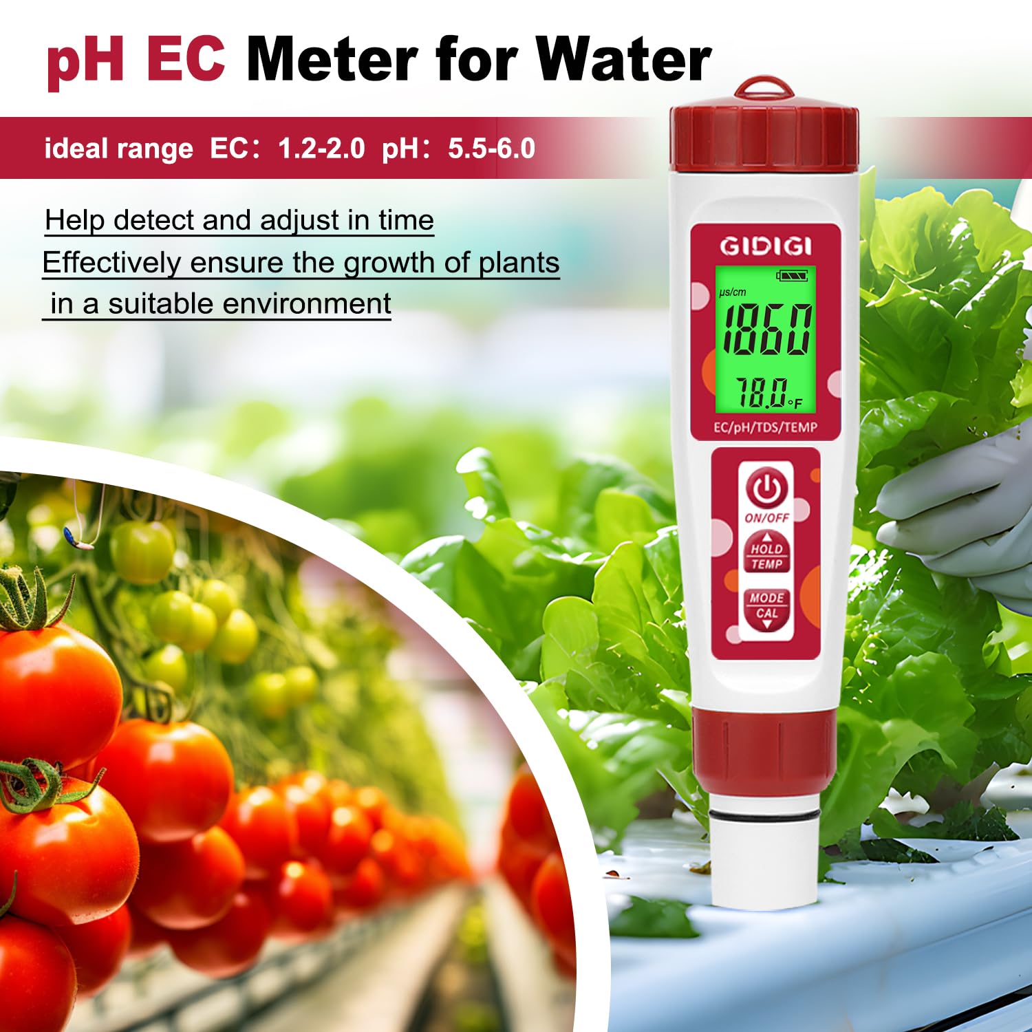 GIDIGI pH Meter,Hydroponic pH Tester, Nutrients ppm pH Meter with Backlit Display,Digital 4 in 1 TDS EC Temp pH and ppm Meter for Nutrients Water,Aquarium,Drinking Water,Tap Water,Irrigation Water