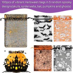 HRX Package 100pcs Halloween Organza Bags 4x6 inch, Mesh Candy Bags Drawstring, Small Goodie Bags for Treats, Jewelry, Party Favor