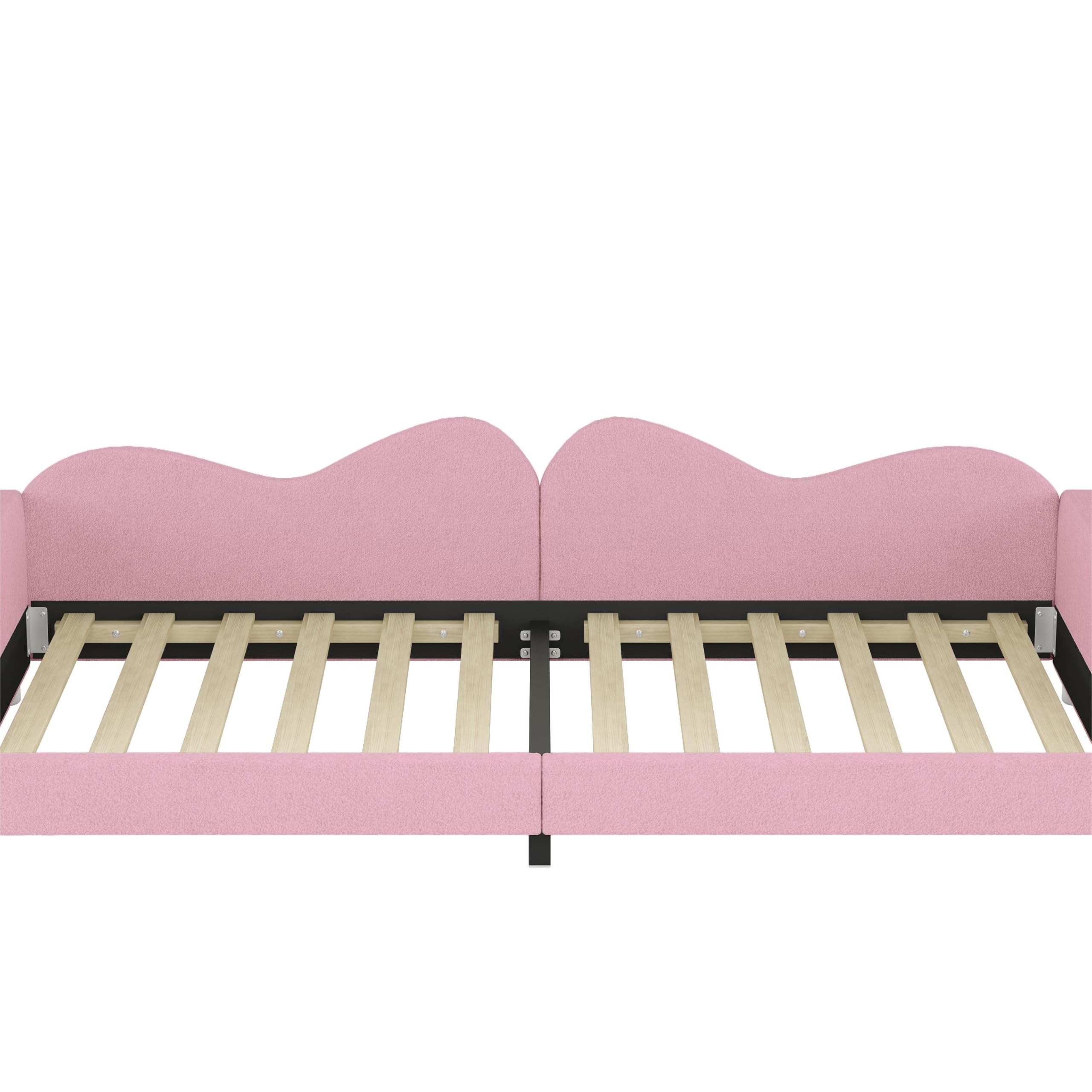 HRVEOCEI Sherpa Upholstered Daybed, Twin Size Day Bed Frame for Kids Girls Boys,Low Profile, Soft Armrest, Cloud-Shaped Backrest (Pink, Twin)