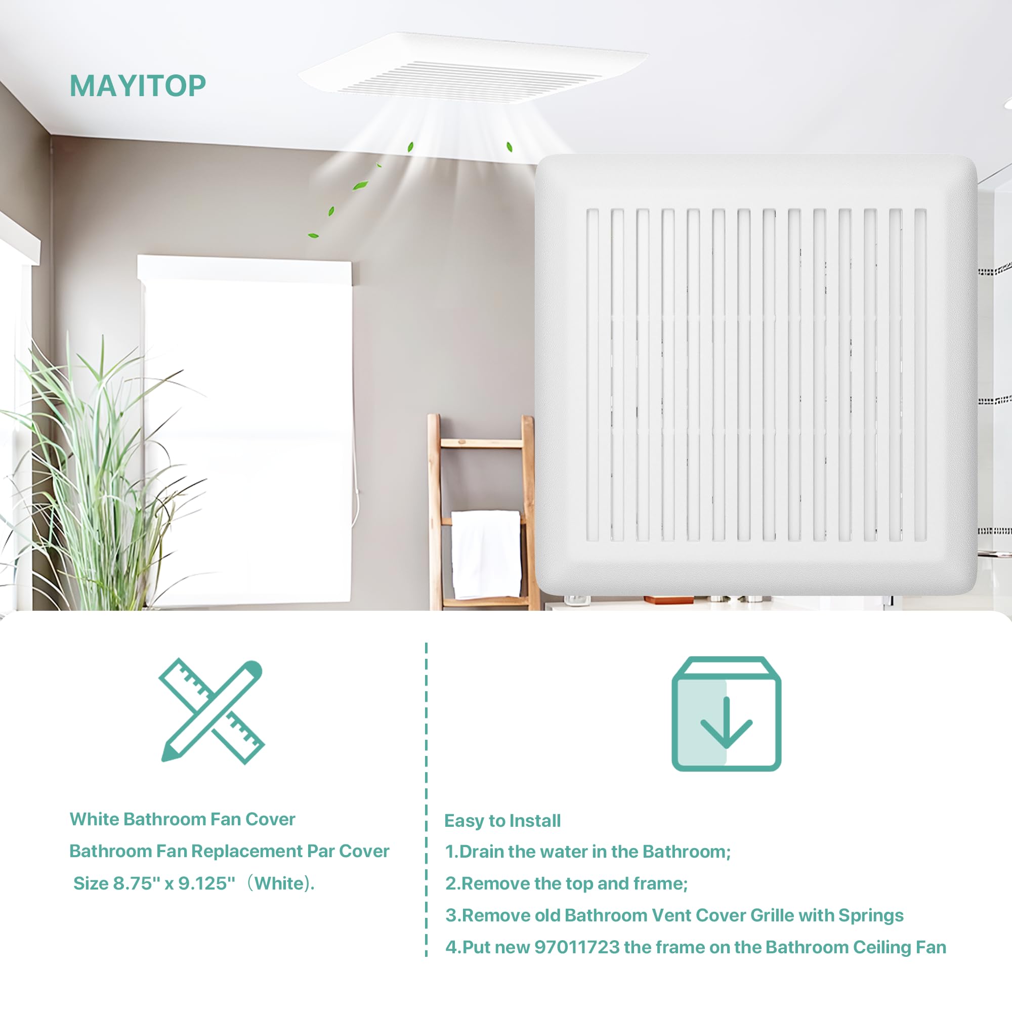 MAYITOP C350GN Bathroom Vent Cover With Springs Replacement Bathroom Ceiling Fan Grille Cover For Broan-NuTone C350GN Grille for NuTone 695 and 696N Ventilation Fan (White) 8.75" x 9.125"