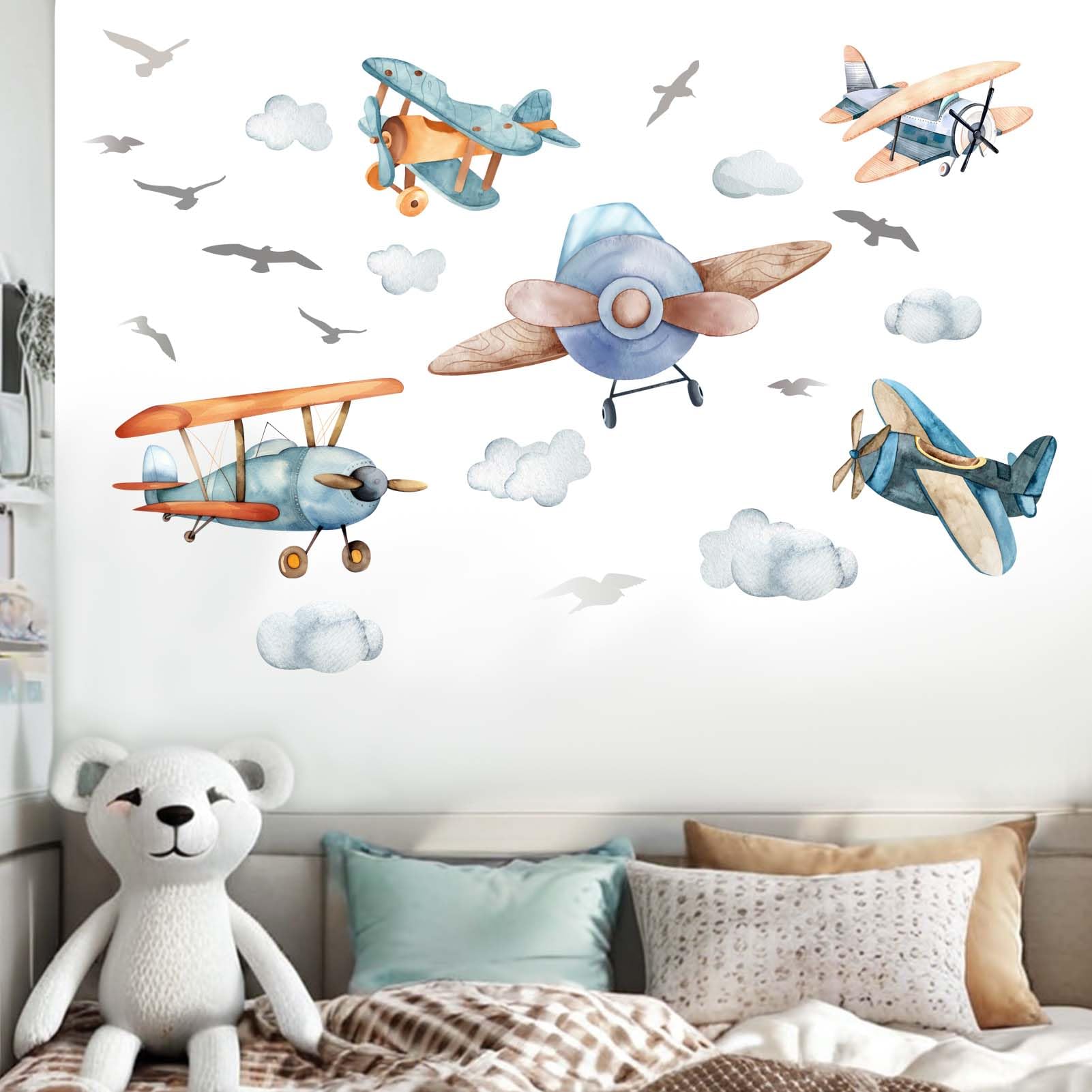 Amimagen Airplane Wall Stickers - Aircrafts Wall Decals - Kids Baby Boys Nursery Children Daycare Bedroom Playroom Wall Decor