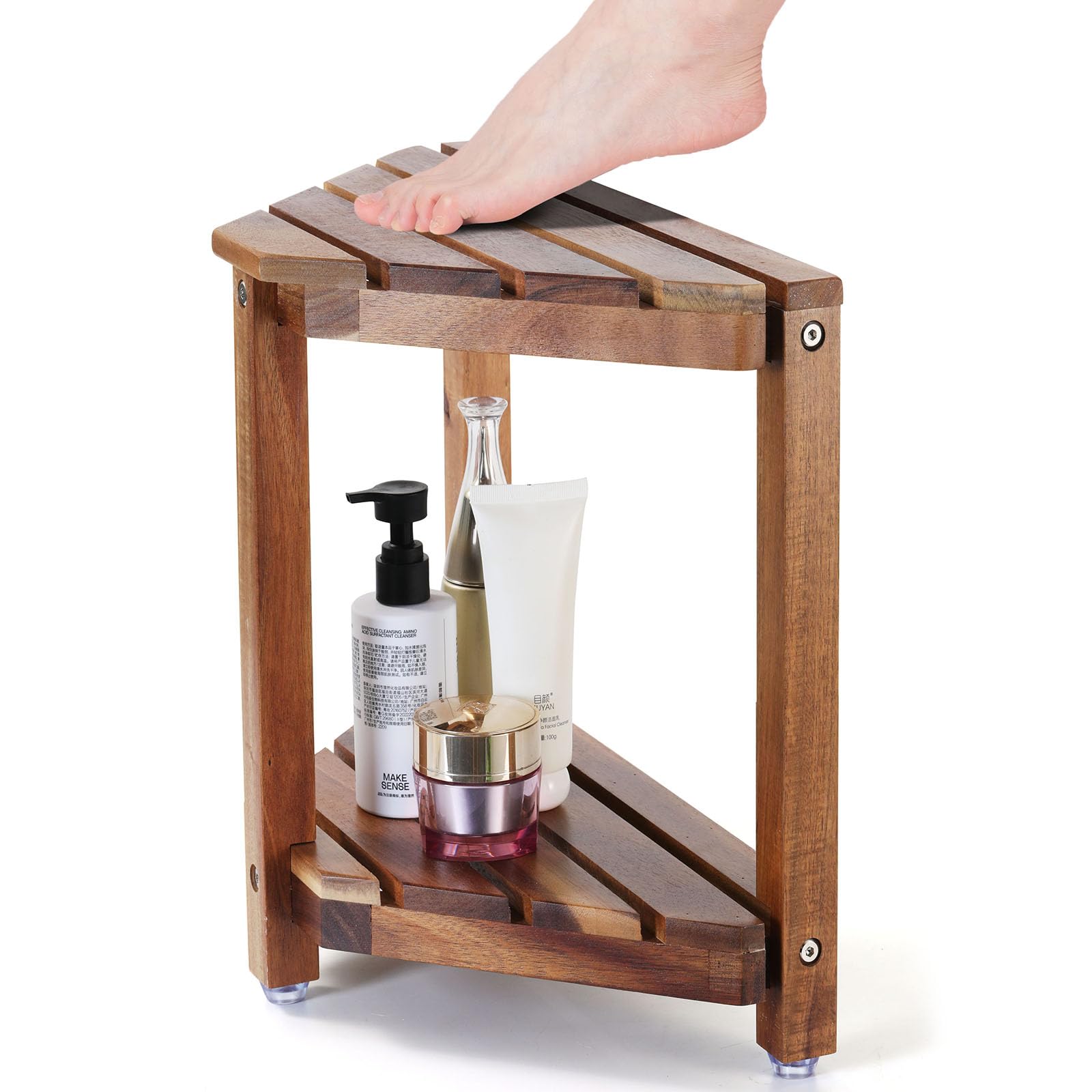 Boulphia Shower Stool for Inside Shower 13.8in, Acacia Wood Shower Foot Rest, Waterproof Shower Stool for Shaving Legs, Corner Shower Stool for Inside Small Shower Spaces