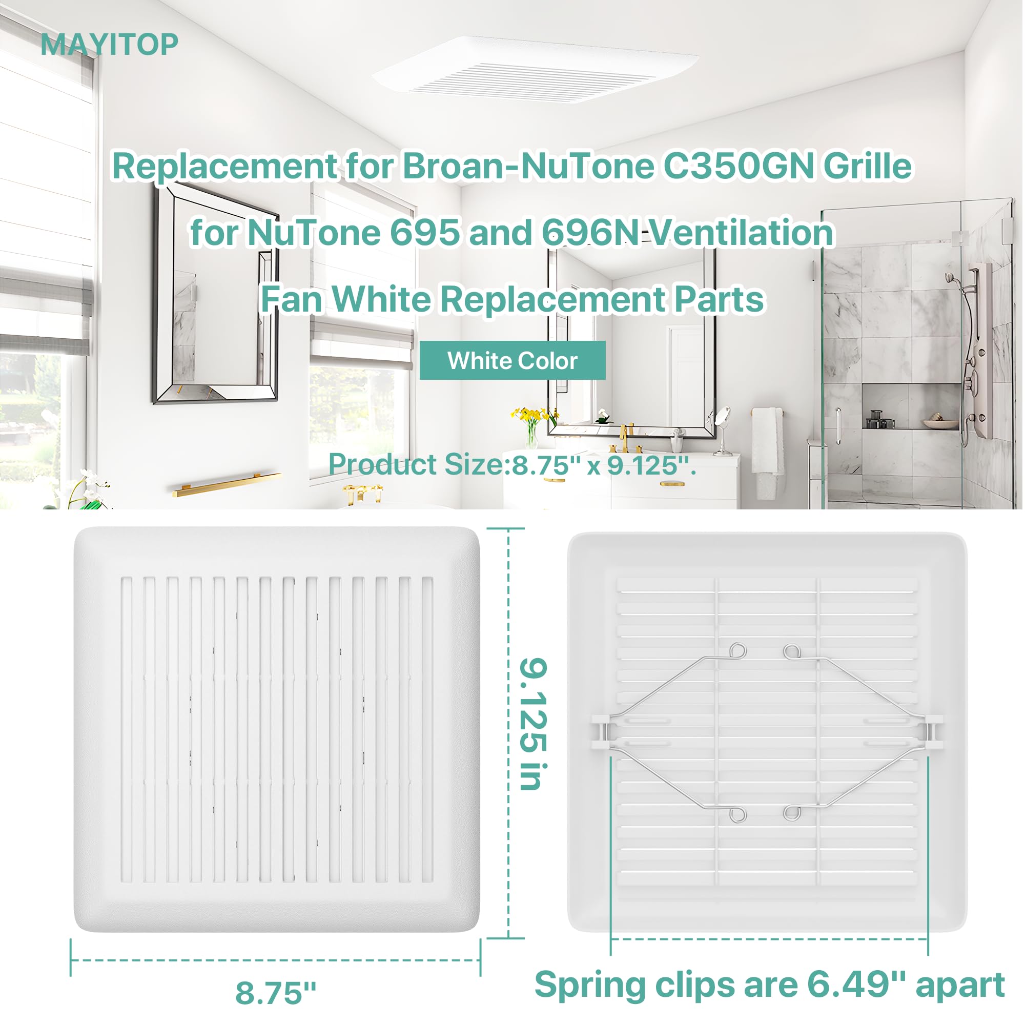 MAYITOP C350GN Bathroom Vent Cover With Springs Replacement Bathroom Ceiling Fan Grille Cover For Broan-NuTone C350GN Grille for NuTone 695 and 696N Ventilation Fan (White) 8.75" x 9.125"