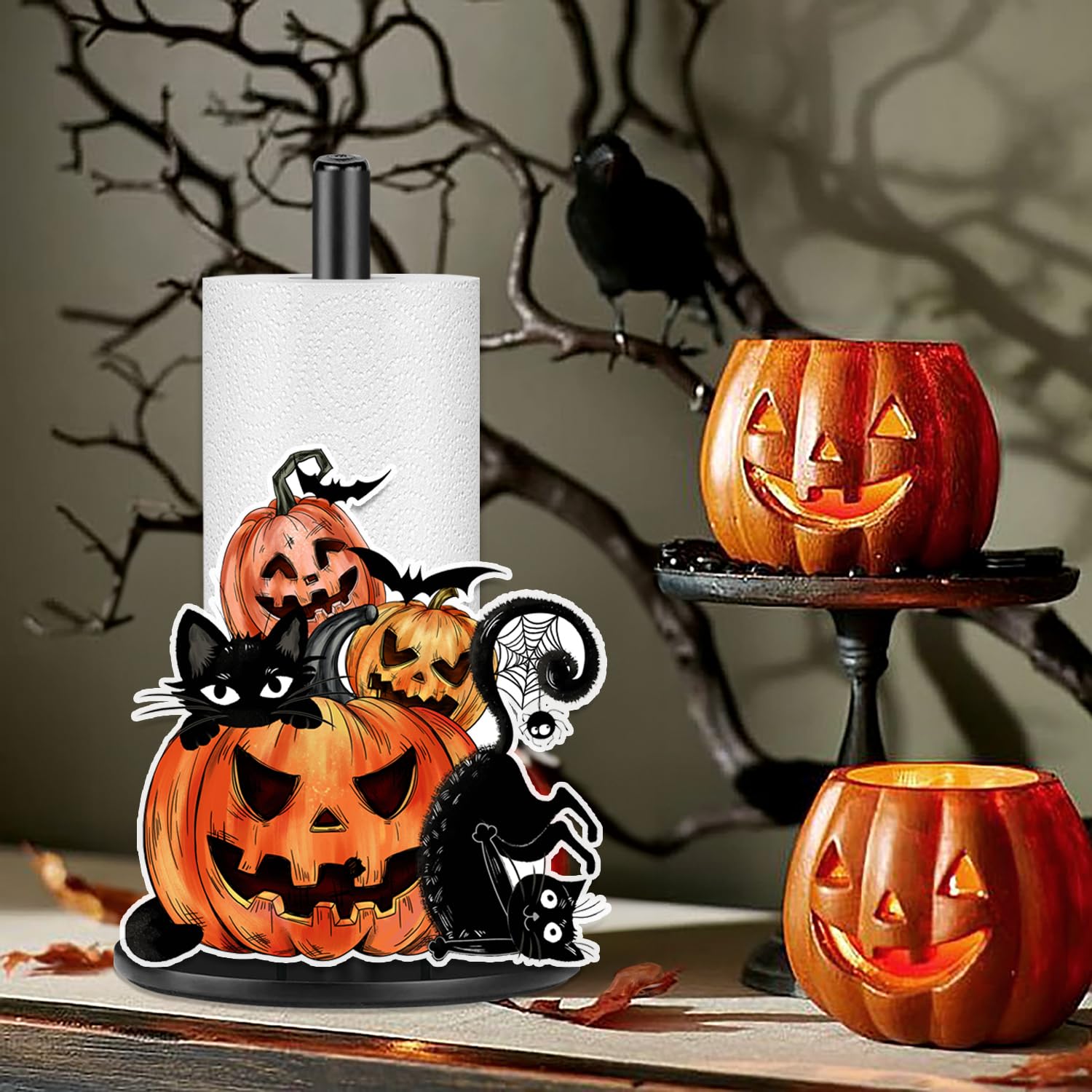 Halloween Paper Towel Holder,Halloween Kitchen Decor,Halloween Bathroom Decorations with Pumpkin Cat Accessories Paper Metal Towel Holder Stand for Fall Countertop Housewarming Gift Supplies