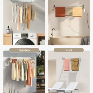 Upgrade Laundry Drying Rack Collapsible, Wall Mounted Drying Rack, Clothes Drying Rack, Retractable Drying Rack, 31.5" Wide, 13.2 Linear Ft, 5 Aluminum Rods (31.5'' Wide with 6 Hooks)