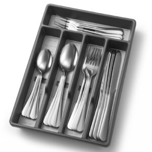 20-piece silverware set with organizer，heavy duty stainless steel flatware cutlery tableware set for 4，includes 5-compartment silverware tray with cutlery icons，first apartment kitchen essentials