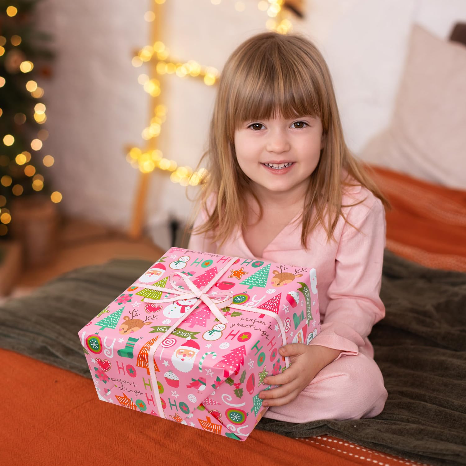 Pink Christmas Wrapping Paper, Baby Pink Merry Christmas Xmas Santa Snowman Wrapping Paper with Pink Ribbon 7 Folded Sheets 28x20 Inches Santa Wrap Paper for Kids Girls Women Christmas Holidays