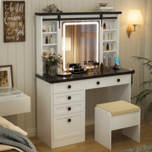 VOWNER Farmhouse Makeup Vanity Desk with Sliding Lighted Mirror & Power Outlet, Vanity Table Set with Hidden Shelves & 5 Drawers & Storage Stool for Bedroom