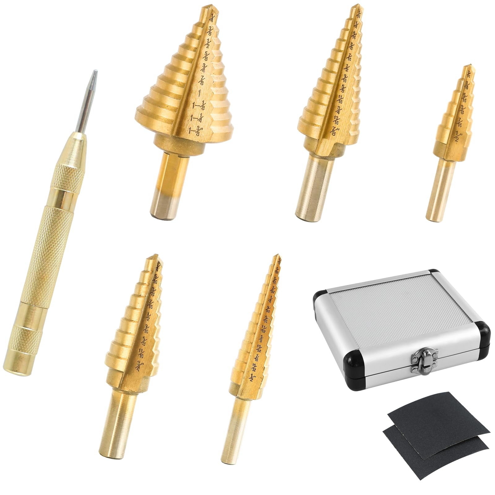 Aocoom Titanium-Coated Step Drill Bit Set for Metal, High-Speed Steel Stepped Drill Set, 50 Sizes with Automatic Center Punch, Includes Aluminum Case