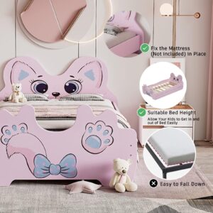 Merax Children Cat-Shaped Platform Bed with Trundle, Wooden Bedframe, No Box Spring Needed, Twin Size, Pink