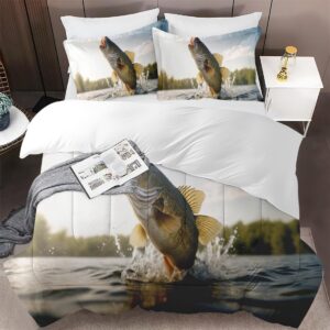 CozyUSA Full Size Comforter Set with 2 Pillowcases, Fishing Lake Life Scene, Bedroom Decor Large Fish Jumping Out of The Water Soft Bedding Set for Kids and Adults, Bed Decor