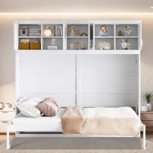 Firscook Queen Size Murphy Bed Wall Bed with Top Storage Shelves,Solid Wood Wall Bed, Multi-Functional Folding Bed Cabinet Night/Day Furniture, Space-Saving and Sturdy Slat Support, White