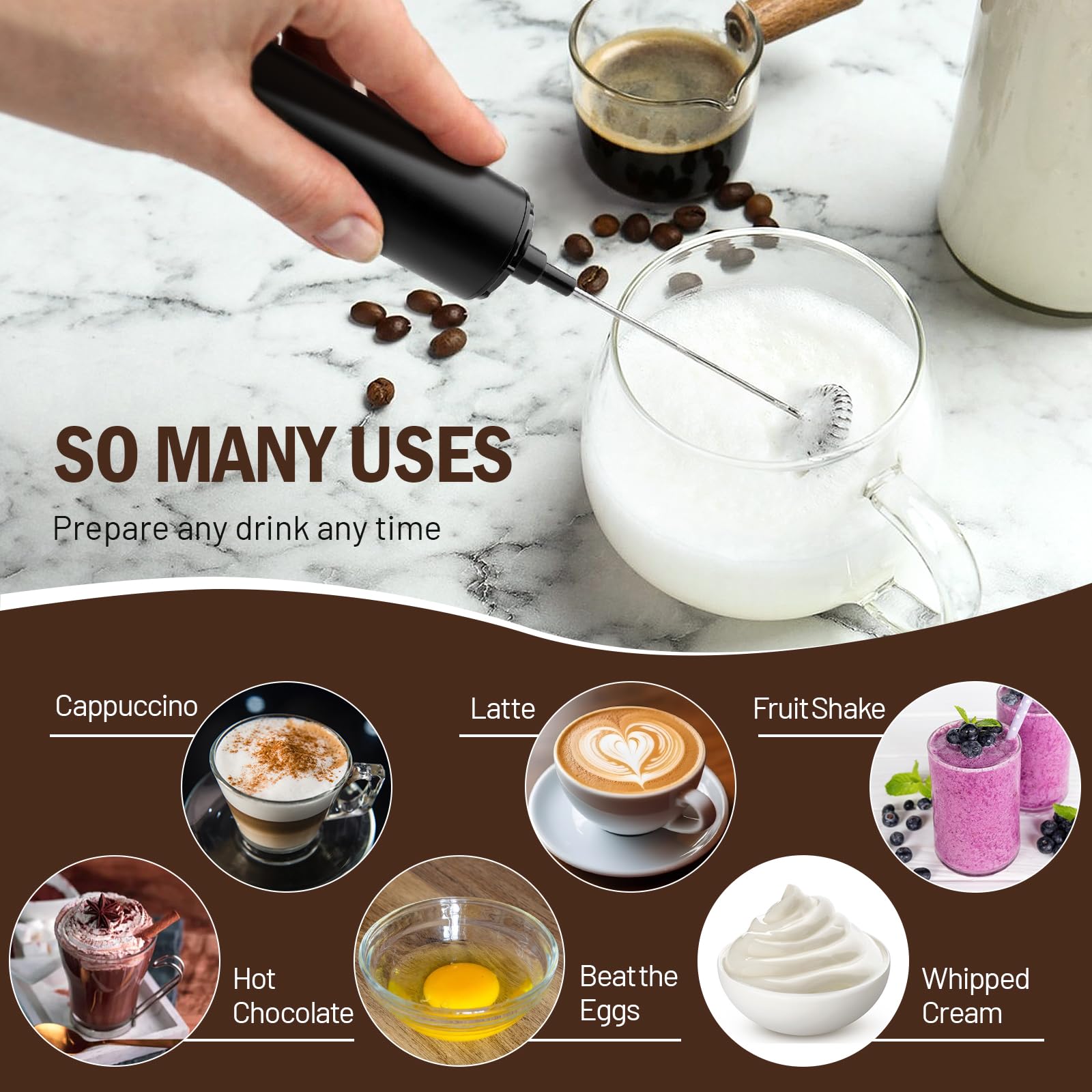 Milk Frother Wand for Coffee, Coffee Foamer Drink Mixer,Handheld Frother Rechargeable Electric Whisk with 5 Heads 2 Speeds for Latte, Cappuccino, Hot Chocolate, Egg(Home and Travel Set Black)