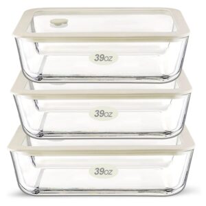 urban green glass food storage container sets with glass lids, 3 pack, glass meal prep containers with airtight lids, microwave safe glass food containers, leakproof, 100% plastic free, (white color)