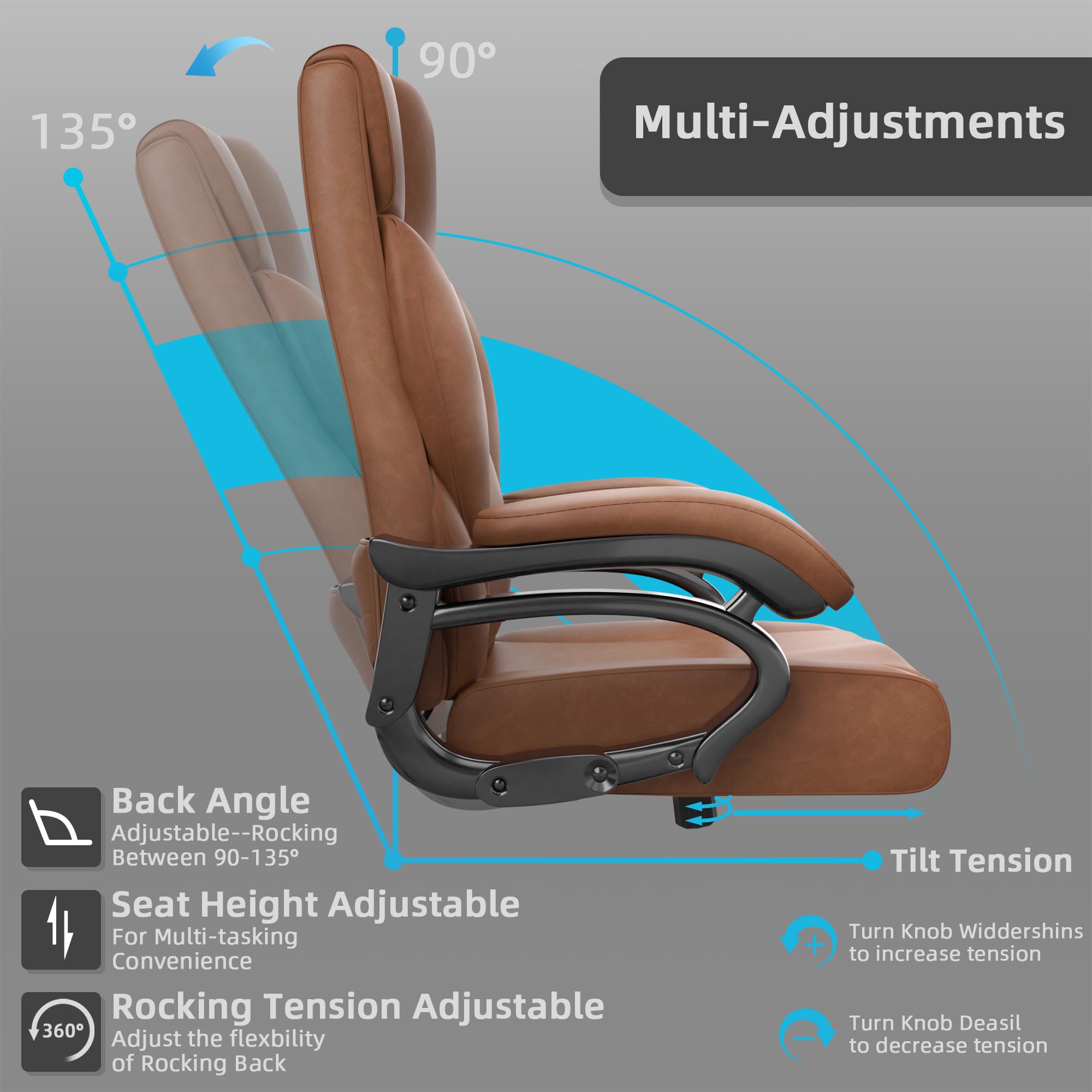 TAKSCO 500LBS Big and Tall Office Chair, Heavy Duty Leather Executive Office Computer Desk Chair with Wheels and Arms, Comfy X Wide Ergonomic High Back Office Desk Chair with Lumbar Support, Brown