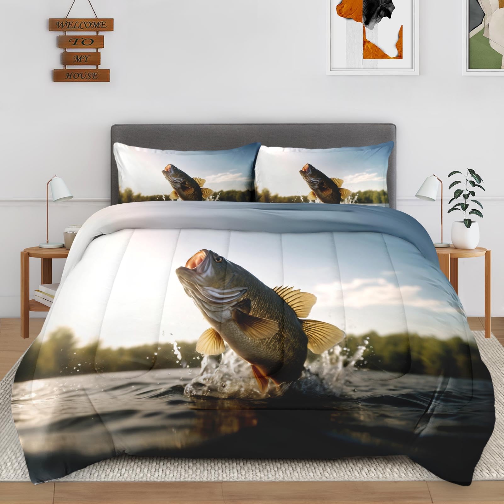 CozyUSA Full Size Comforter Set with 2 Pillowcases, Fishing Lake Life Scene, Bedroom Decor Large Fish Jumping Out of The Water Soft Bedding Set for Kids and Adults, Bed Decor