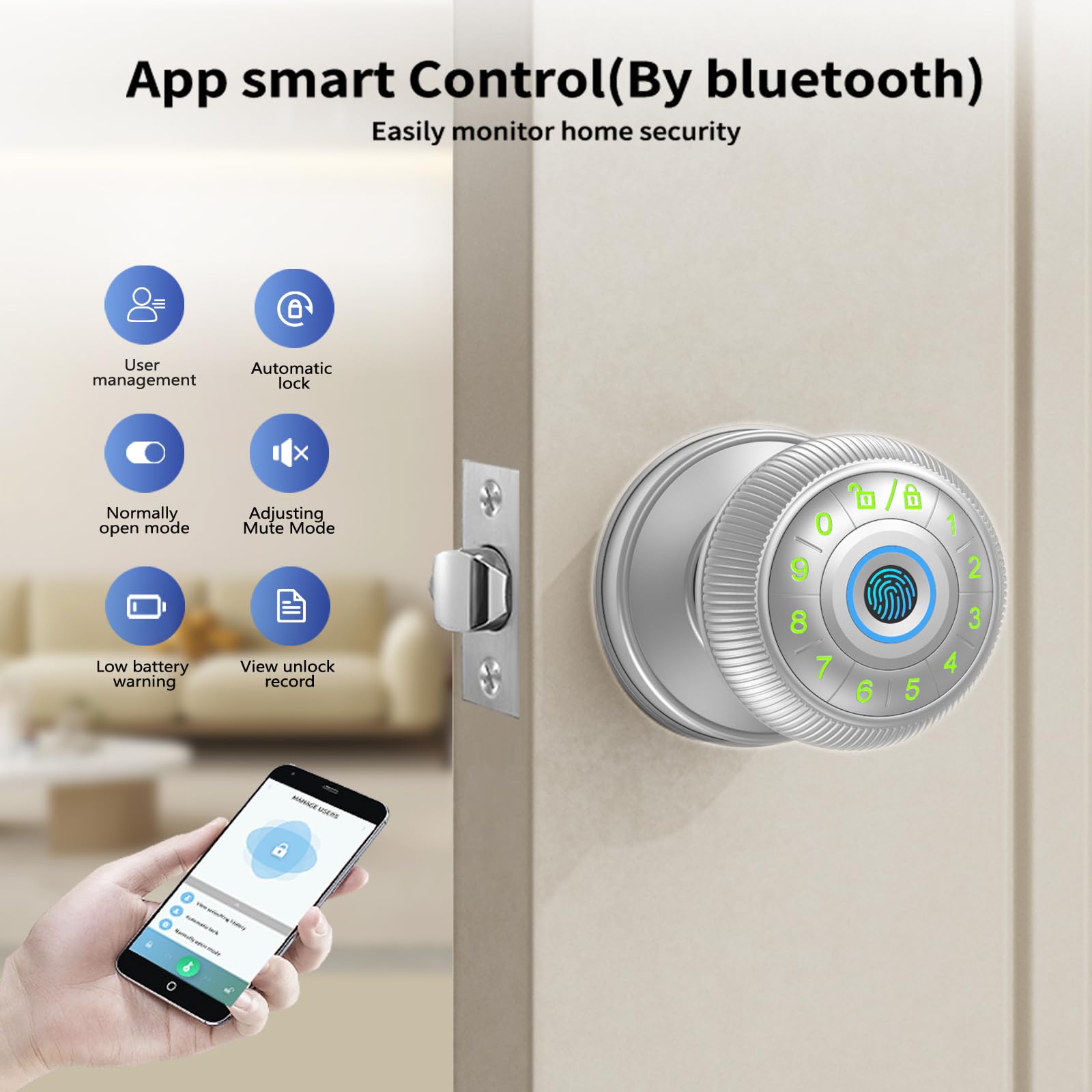 Fingerprint Door Lock,Smart Door Knob,biometric lock, keypad entry,keyless handle.Ideal for bedroom,home,hotel,office,apartment.Enhances security & convenience. (Silvery)