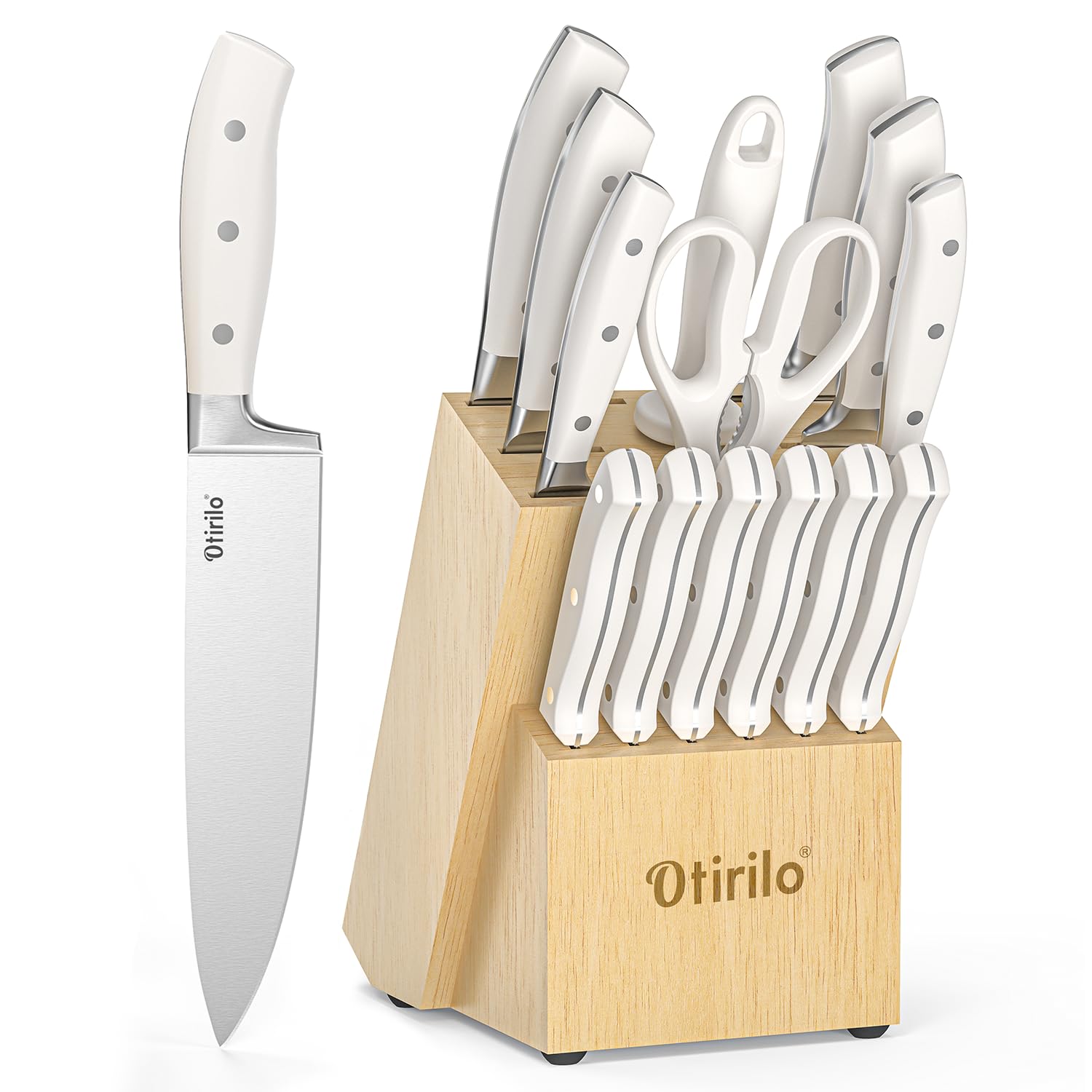 Knife Sets for Kitchen with Block 15-Piece, Otirilo Kitchen Knife Set High Carbon Stainless Steel Cooking Knife Set, Triple Riveted Forged Handle, Razor-Sharp Chef's Knife Set with Sharpener