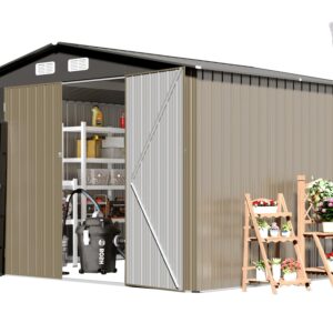 TIMWNER Large Storage Shed, 10' × 8' FT Metal Storage Shed with Lockable Door, Waterproof Shed Outdoor Use, Tool Shed with Windows for Bike, Garden, Brown