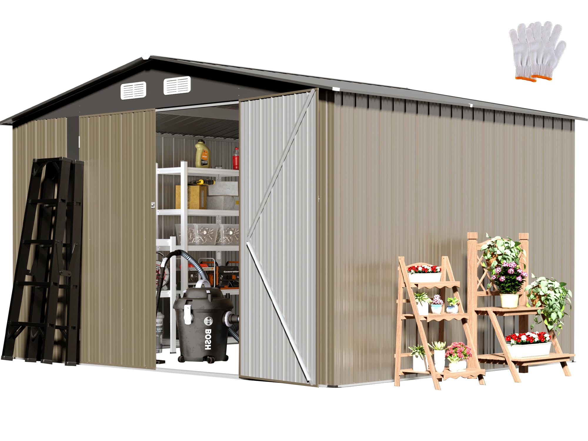 TIMWNER Large Storage Shed, 10' × 8' FT Metal Storage Shed with Lockable Door, Waterproof Shed Outdoor Use, Tool Shed with Windows for Bike, Garden, Brown