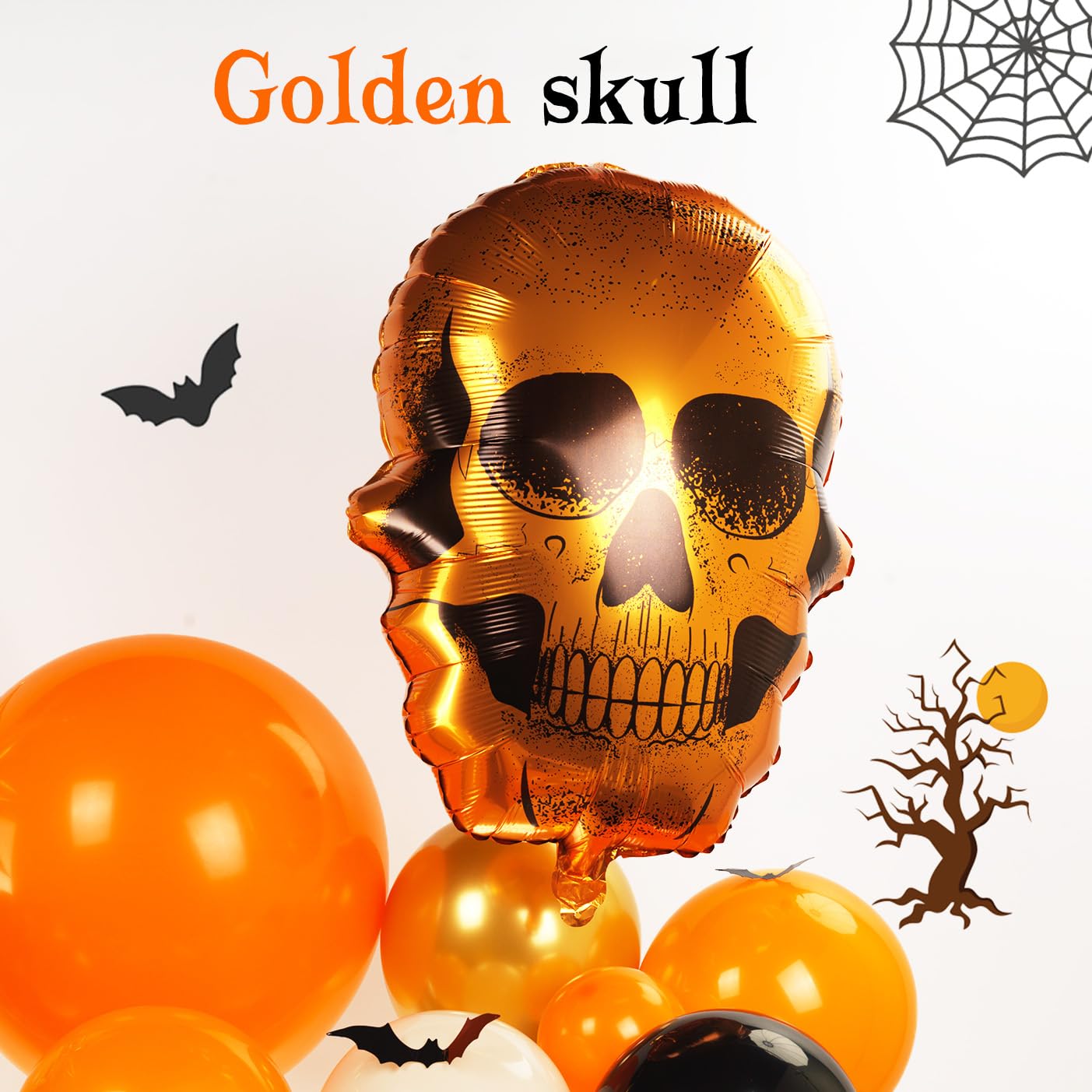 Halloween Orange Black Balloon Garland Arch Kit 117 Pcs and White Gold with Mylar Skull Star Balloons and 3D Bats for Fall Halloween Birthday Baby Shower Decorations