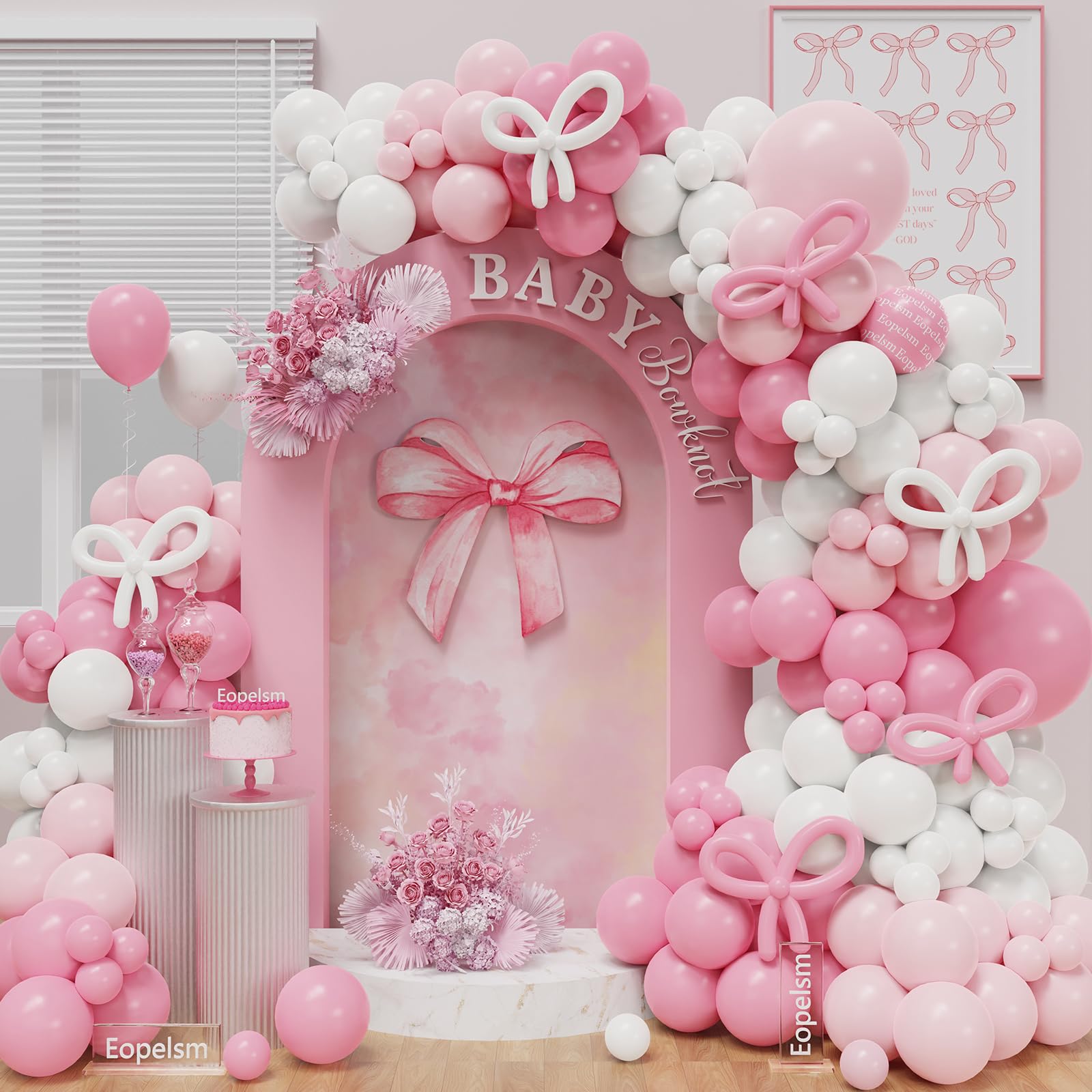 Pink Balloon Arch Kit 144PCS Pink and White Balloon Garland with Bowtie Long Balloon for Pastel Pink Bow Princess Bridal Shower Engagement Bachelorette Birthday Party Decorations