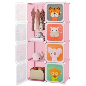 costzon kids closet, cartoon diy modular dresser storage organizer with 8 cubes & clothes hanging rack, portable armoire for baby toddlers, kids wardrobe for bedroom nursery, pink