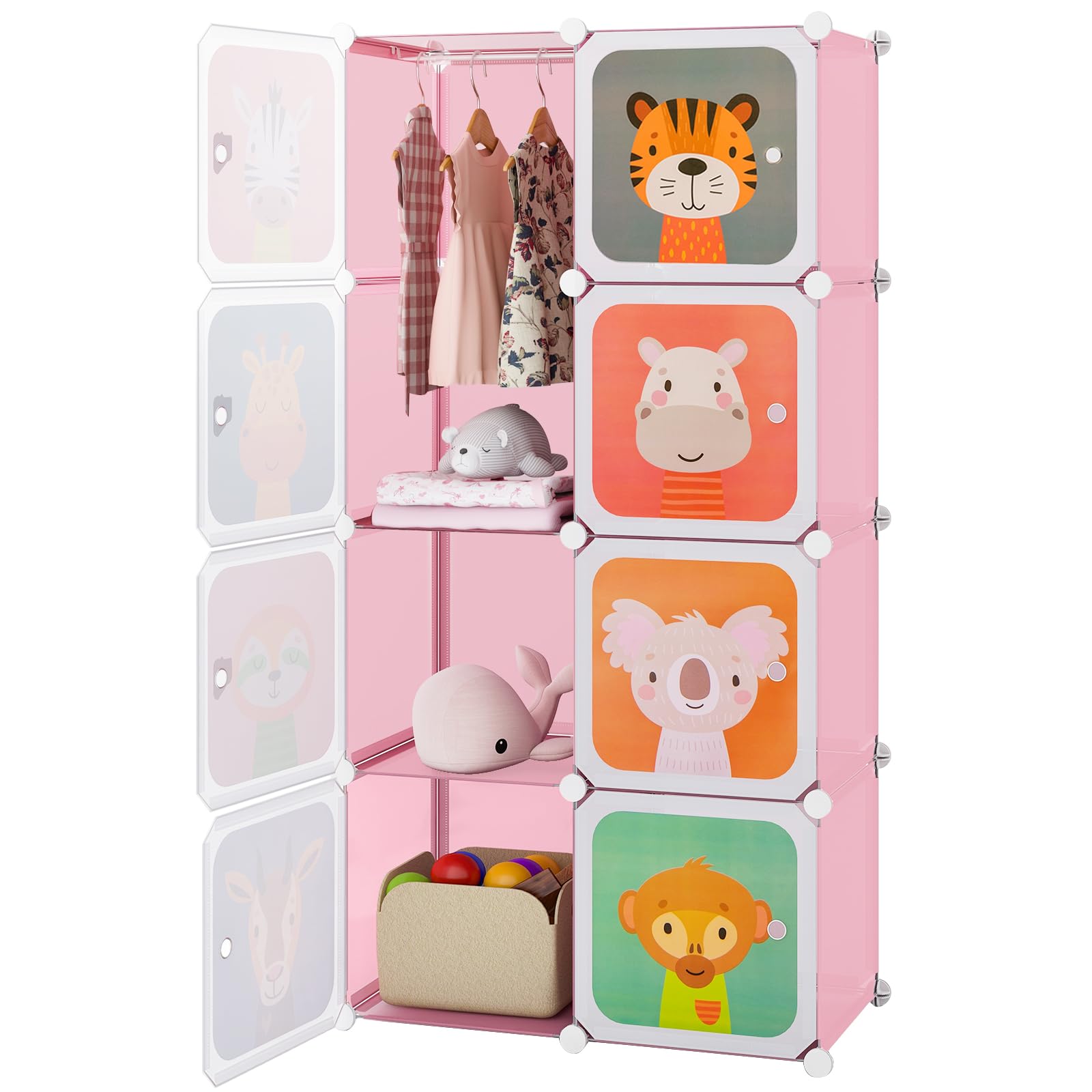 Costzon Kids Closet, Cartoon DIY Modular Dresser Storage Organizer with 8 Cubes & Clothes Hanging Rack, Portable Armoire for Baby Toddlers, Kids Wardrobe for Bedroom Nursery, Pink