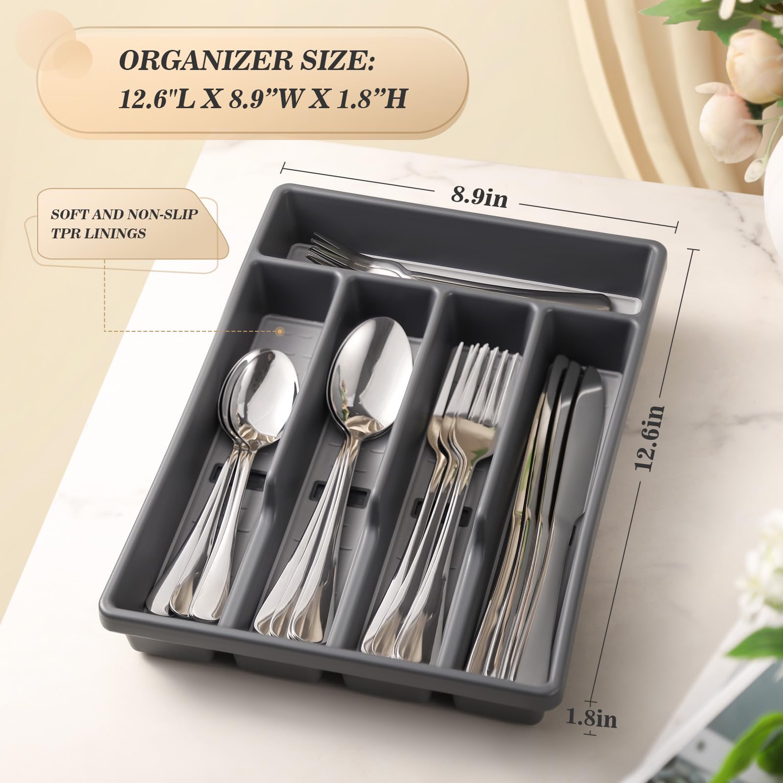 20-Piece Silverware Set with Organizer，Heavy Duty Stainless Steel Flatware Cutlery Tableware Set for 4，Includes 5-Compartment Silverware Tray with Cutlery Icons，First Apartment Kitchen Essentials