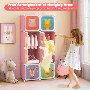 Costzon Kids Closet, Cartoon DIY Modular Dresser Storage Organizer with 8 Cubes & Clothes Hanging Rack, Portable Armoire for Baby Toddlers, Kids Wardrobe for Bedroom Nursery, Pink