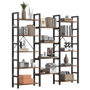 oneinmil triple wide 5-shelves corner bookcase industrial vintage wood style large open bookshelves for home&office (brown, 5-tier)