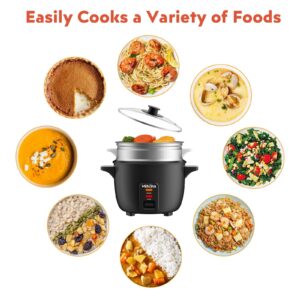 Rice Cooker, 2L Rice Cooker with Food Steamer, Rice Steamer with Non-Stick Inner Pot Makes Soups, Stews, Grains, Cereals, Keep Warm Feature (Black)