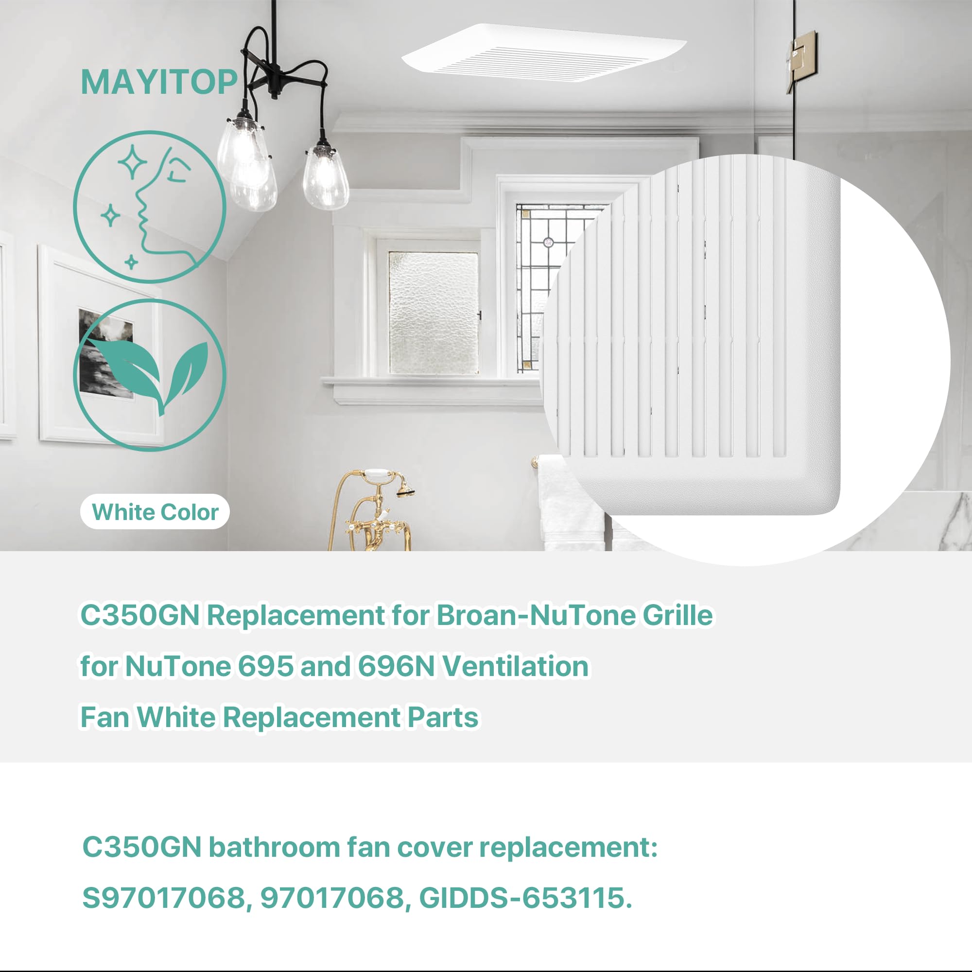 MAYITOP C350GN Bathroom Vent Cover With Springs Replacement Bathroom Ceiling Fan Grille Cover For Broan-NuTone C350GN Grille for NuTone 695 and 696N Ventilation Fan (White) 8.75" x 9.125"