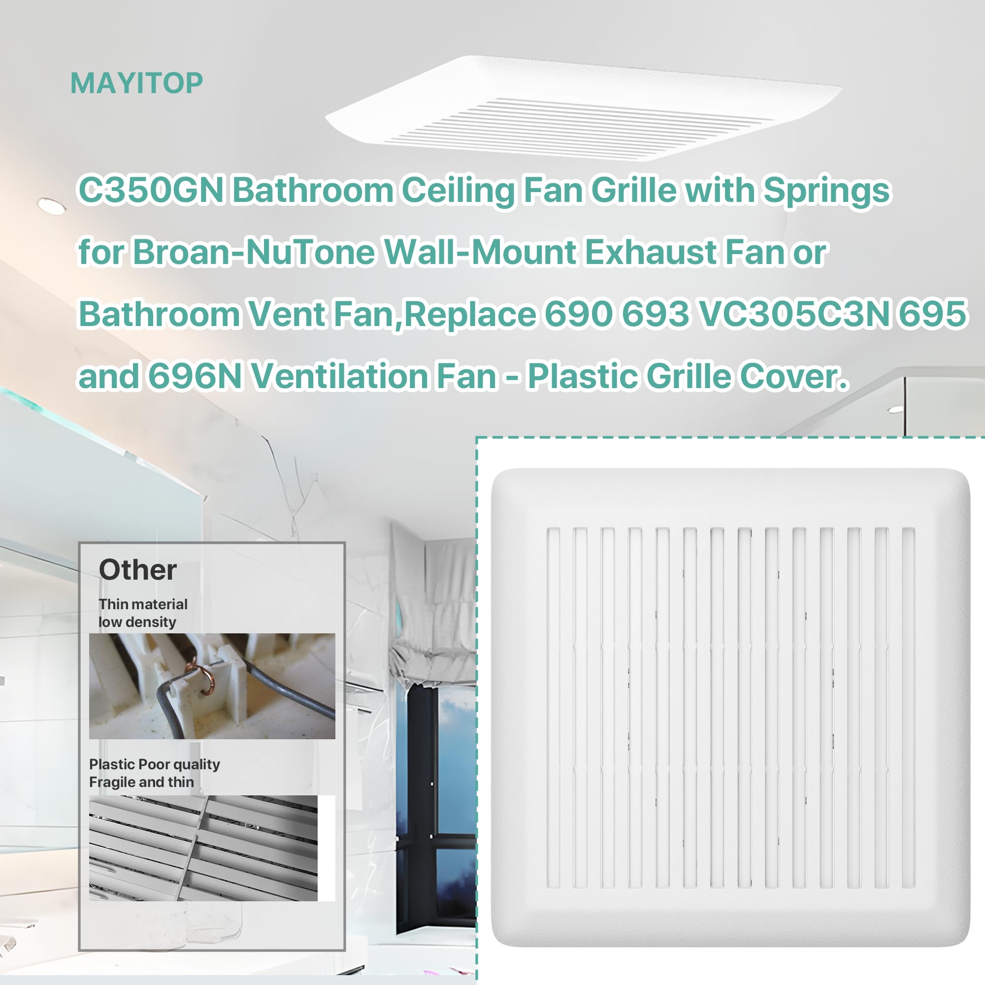 MAYITOP C350GN Bathroom Vent Cover With Springs Replacement Bathroom Ceiling Fan Grille Cover For Broan-NuTone C350GN Grille for NuTone 695 and 696N Ventilation Fan (White) 8.75" x 9.125"