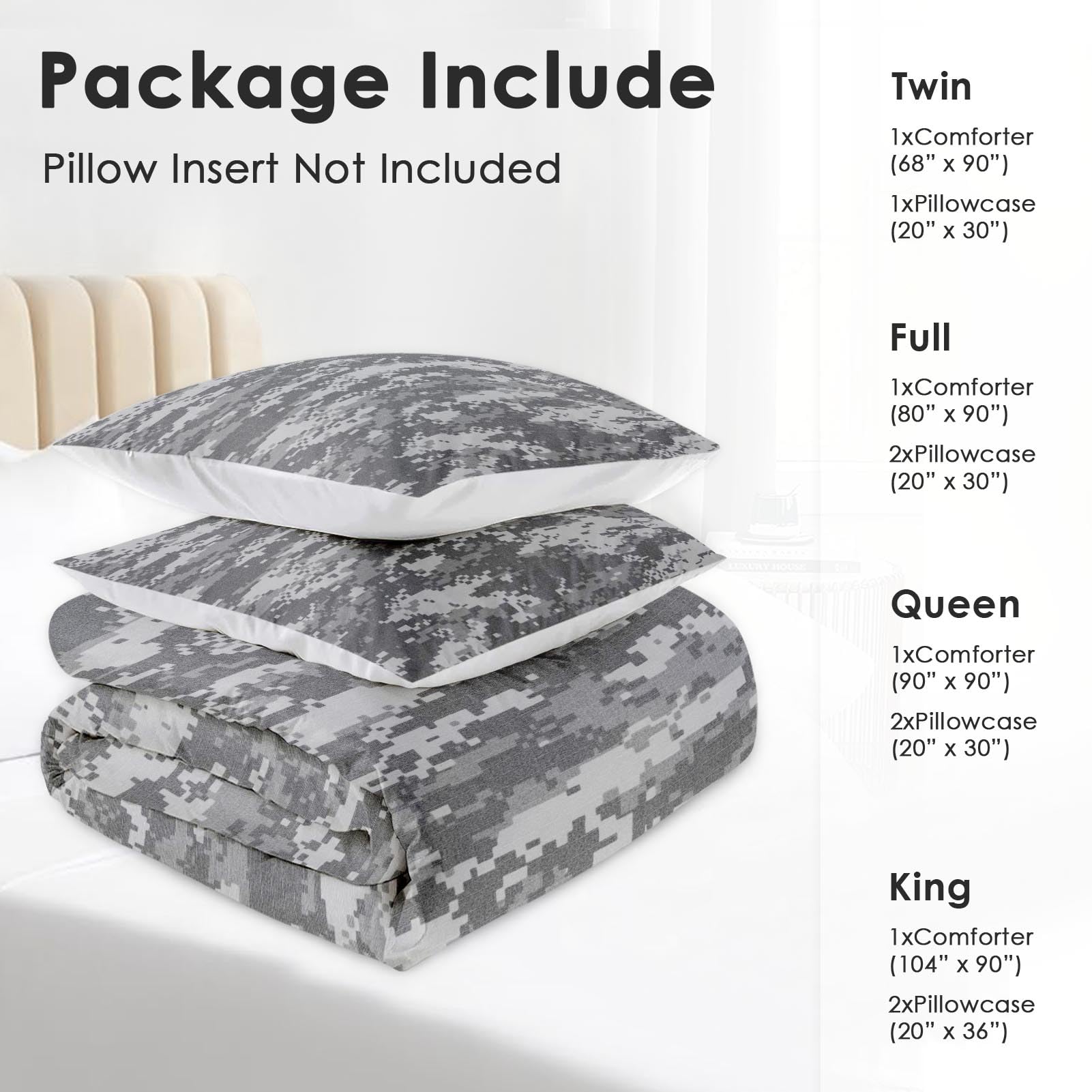 SUMIANYH Queen Size Comforter Set with 2 Pillowcases, Gray Navy Camo Army Camouflage, Bedroom Decor Urban Digital US Military Cozy Bedding for Kids and Adults, Soft Bed Set