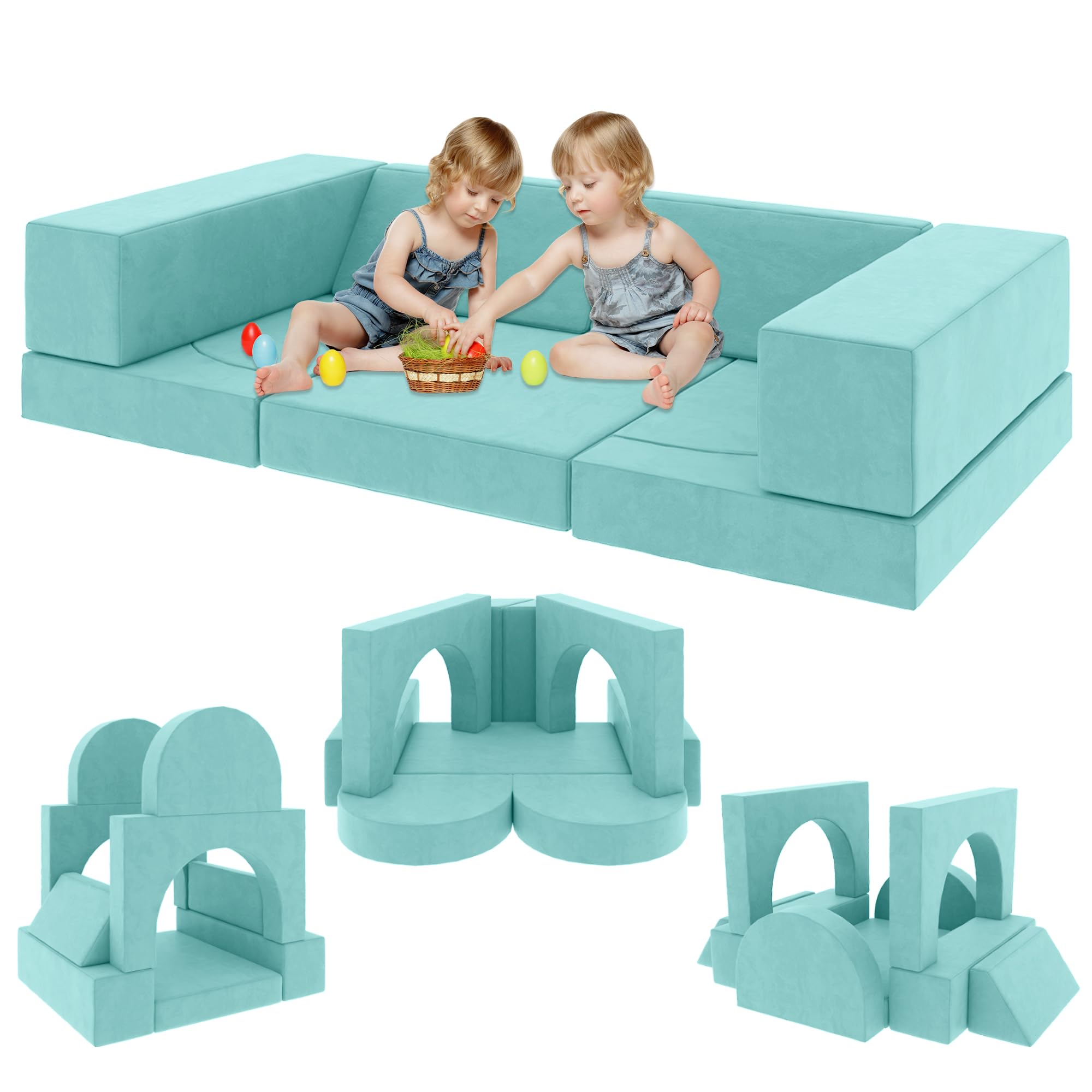 DEYGIA Modular Kids Play Couch, 9PCS Kids Couch for Playroom Bedroom, 9 in 1 Multifunctional Kids Sofa for Playing, Creativing, Sleeping, Indoor Toddler Couch for Boys and Girls (Ice-Snow Blue)