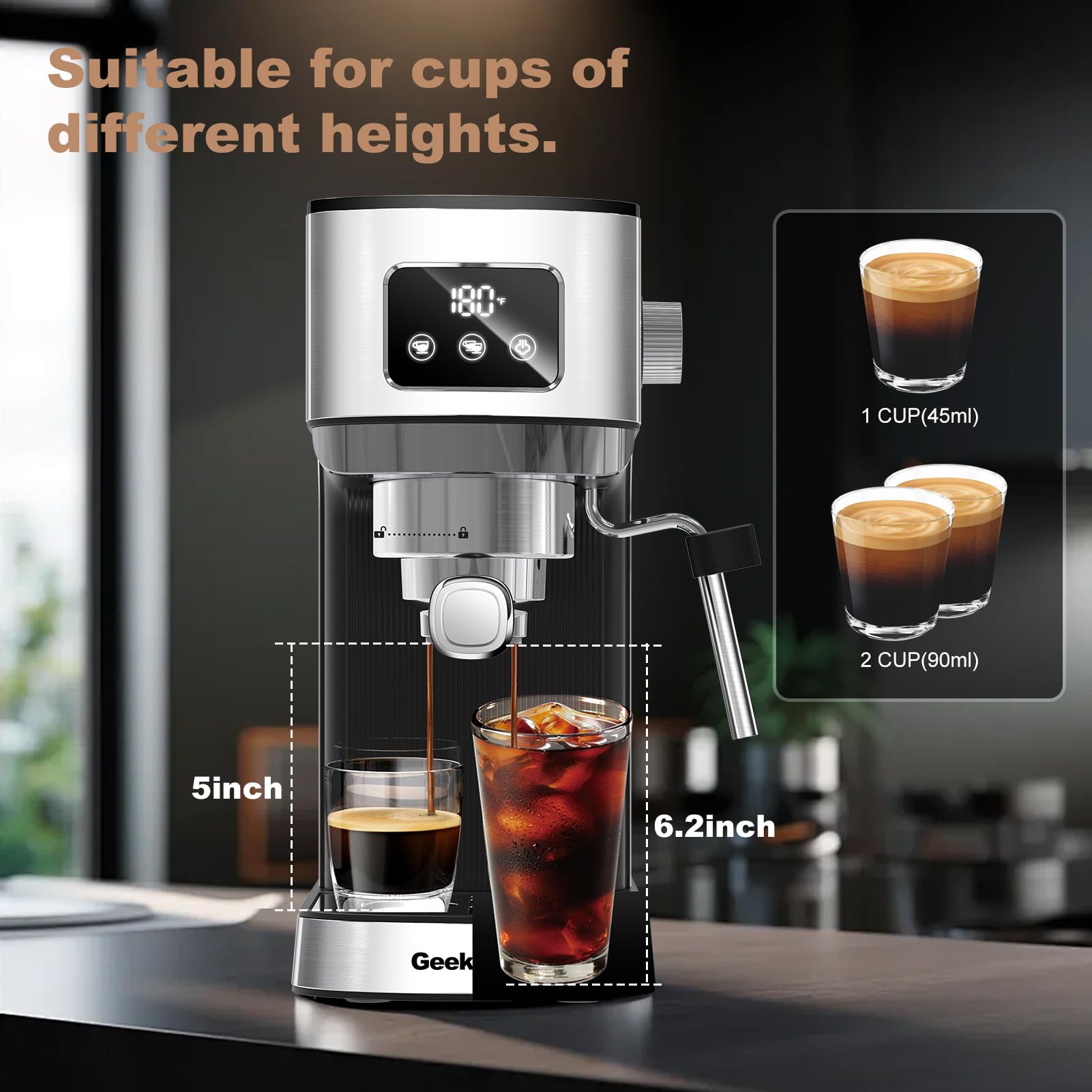 Geek Chef Espresso and Cappuccino Machine, Stainless Steel Espresso Coffee Machine with Removable Water Tank, Prefect Gift for Dad Mom