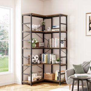 APPOLYN Corner Shelf, 5 Tiers Corner Bookshelf, Wood and Metal Bookcase Storage Shelf, Tall Corner Cabinet for Living Room, Bedroom, Home Office and Kitchen