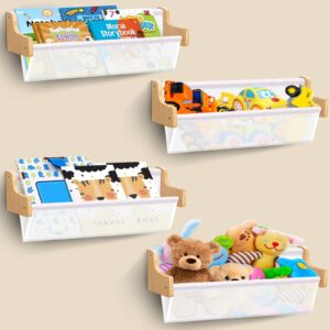 kids bookshelf, nursery book shelves set of 4, wood floating book shelf for kids rooms, kids book rack storage bookshelf with deep sleeves for kids bedroom toddler room decor book and toy organizer