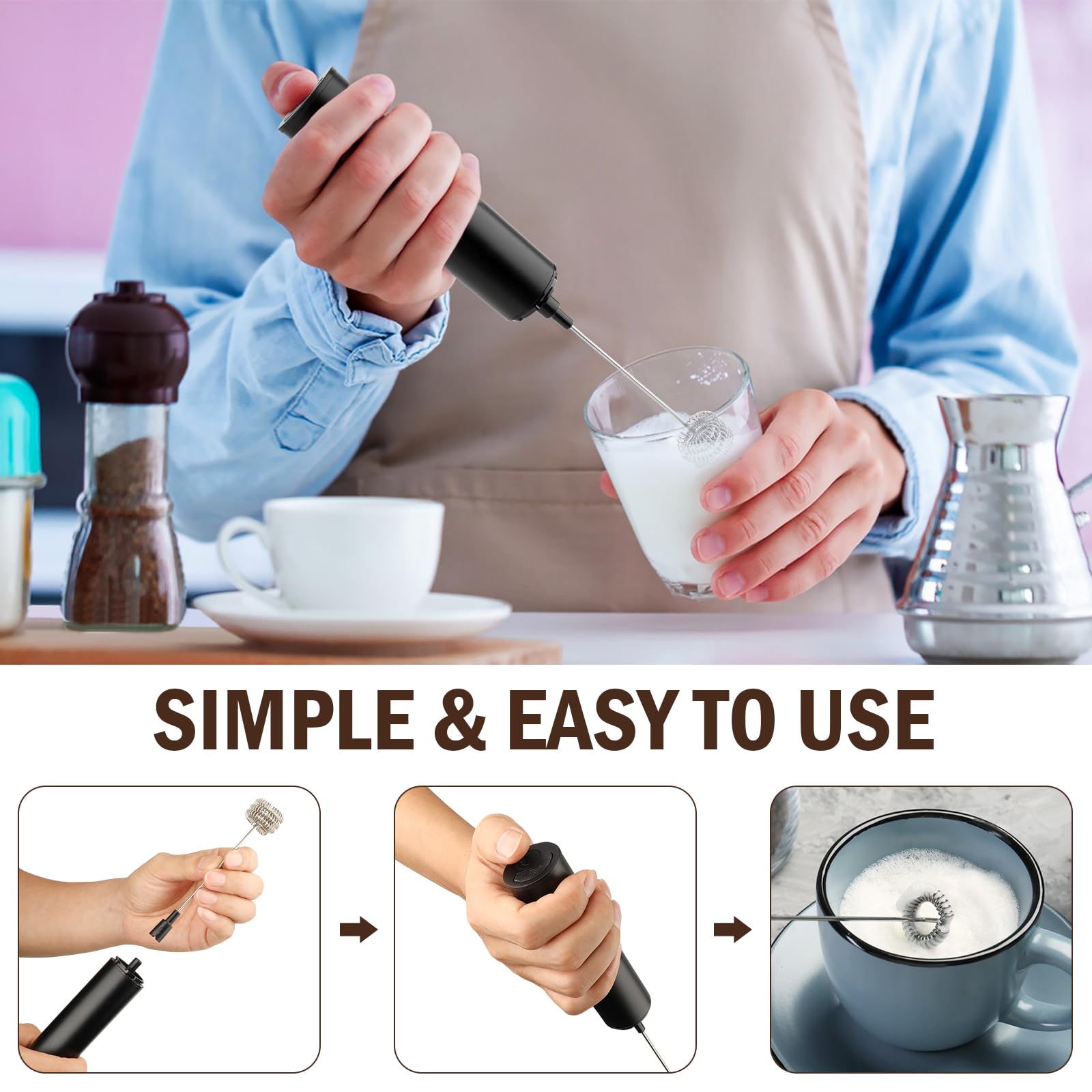 Milk Frother Wand for Coffee, Coffee Foamer Drink Mixer,Handheld Frother Rechargeable Electric Whisk with 5 Heads 2 Speeds for Latte, Cappuccino, Hot Chocolate, Egg(Home and Travel Set Black)