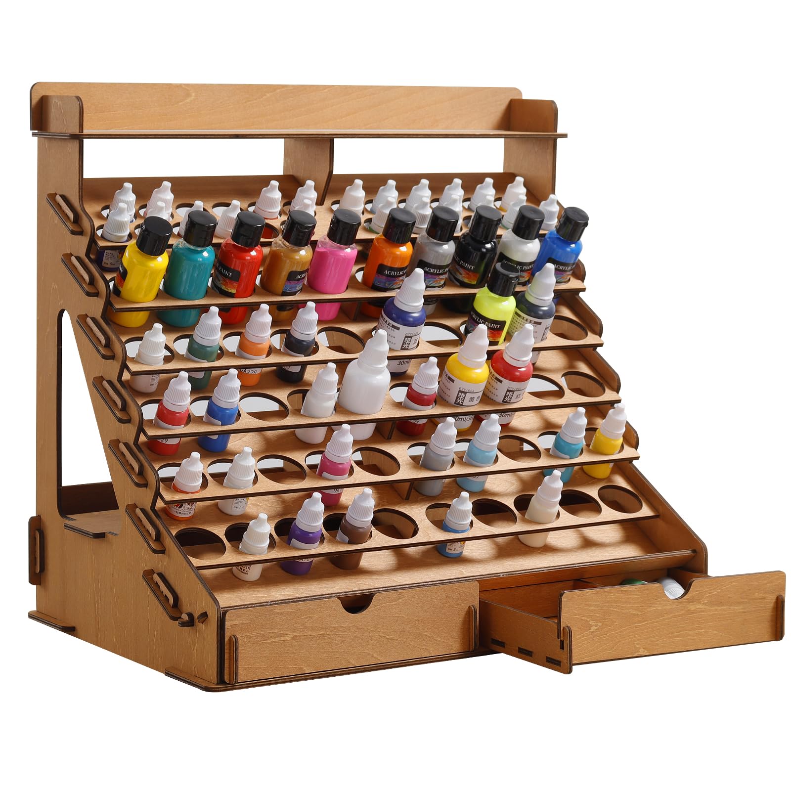 Ytuaebni 16.5 Wooden Paint Organizer and Paint Holder for 74 Paint Bottles with 2 Drawers with Removable Compartments Stands Back storage space for Acrylic Paint Storage and Craft Paint Rack