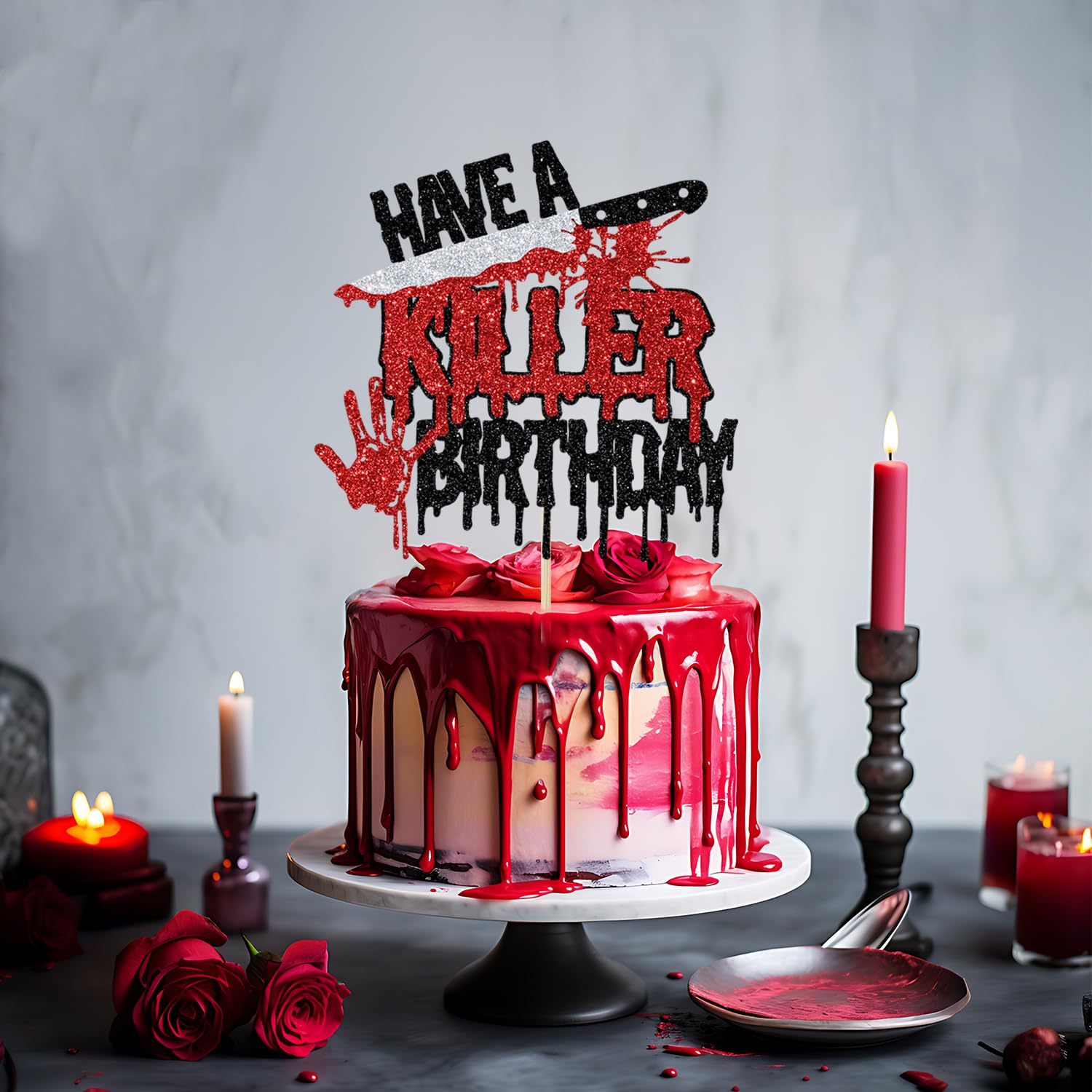 Have a Killer Birthday Cake Topper, Halloween Themed Birthday Cake Decorations, Horror Movie Party Decor, Halloween Zombie Vampire Party Decoration Supplies Glitter