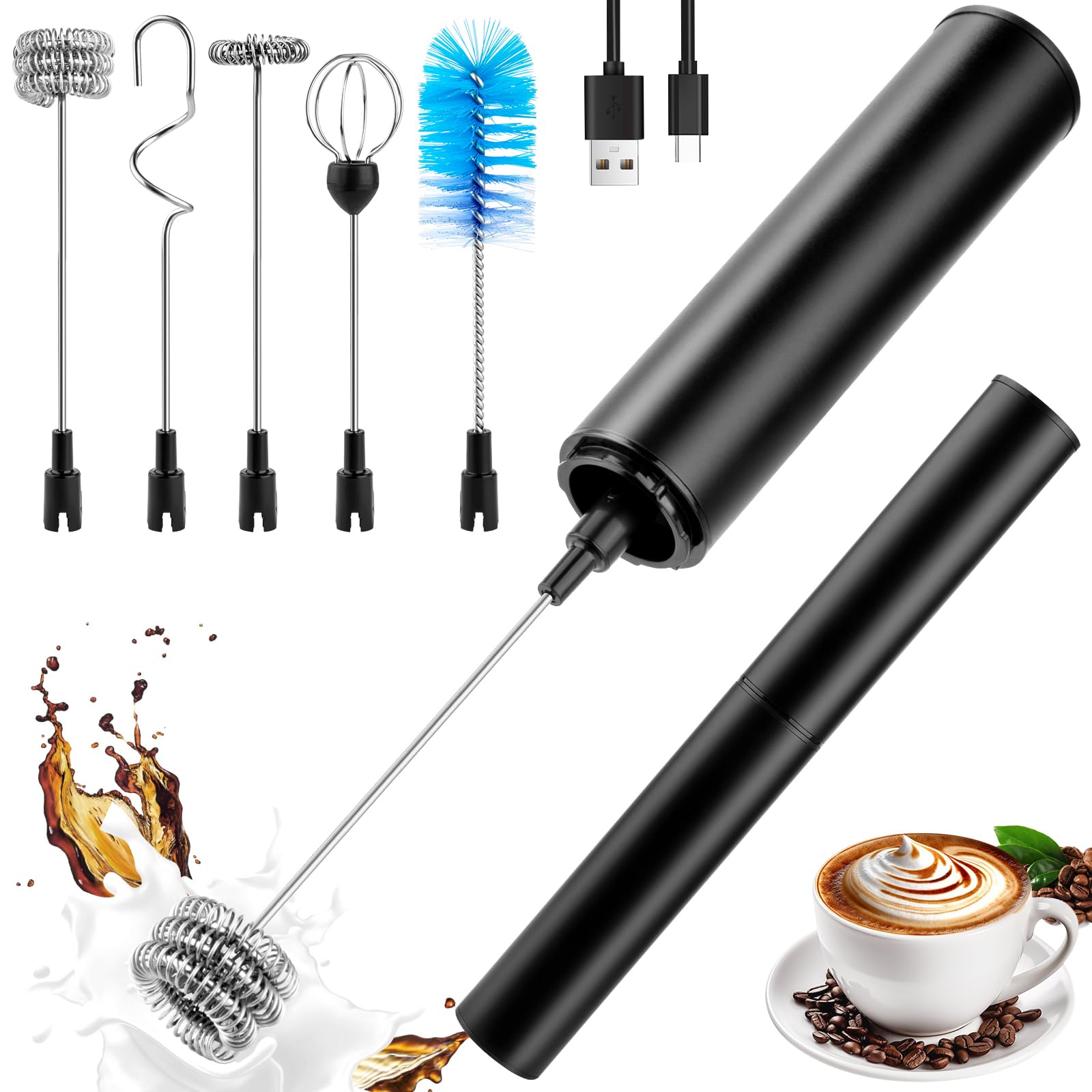 Milk Frother Wand for Coffee, Coffee Foamer Drink Mixer,Handheld Frother Rechargeable Electric Whisk with 5 Heads 2 Speeds for Latte, Cappuccino, Hot Chocolate, Egg(Home and Travel Set Black)