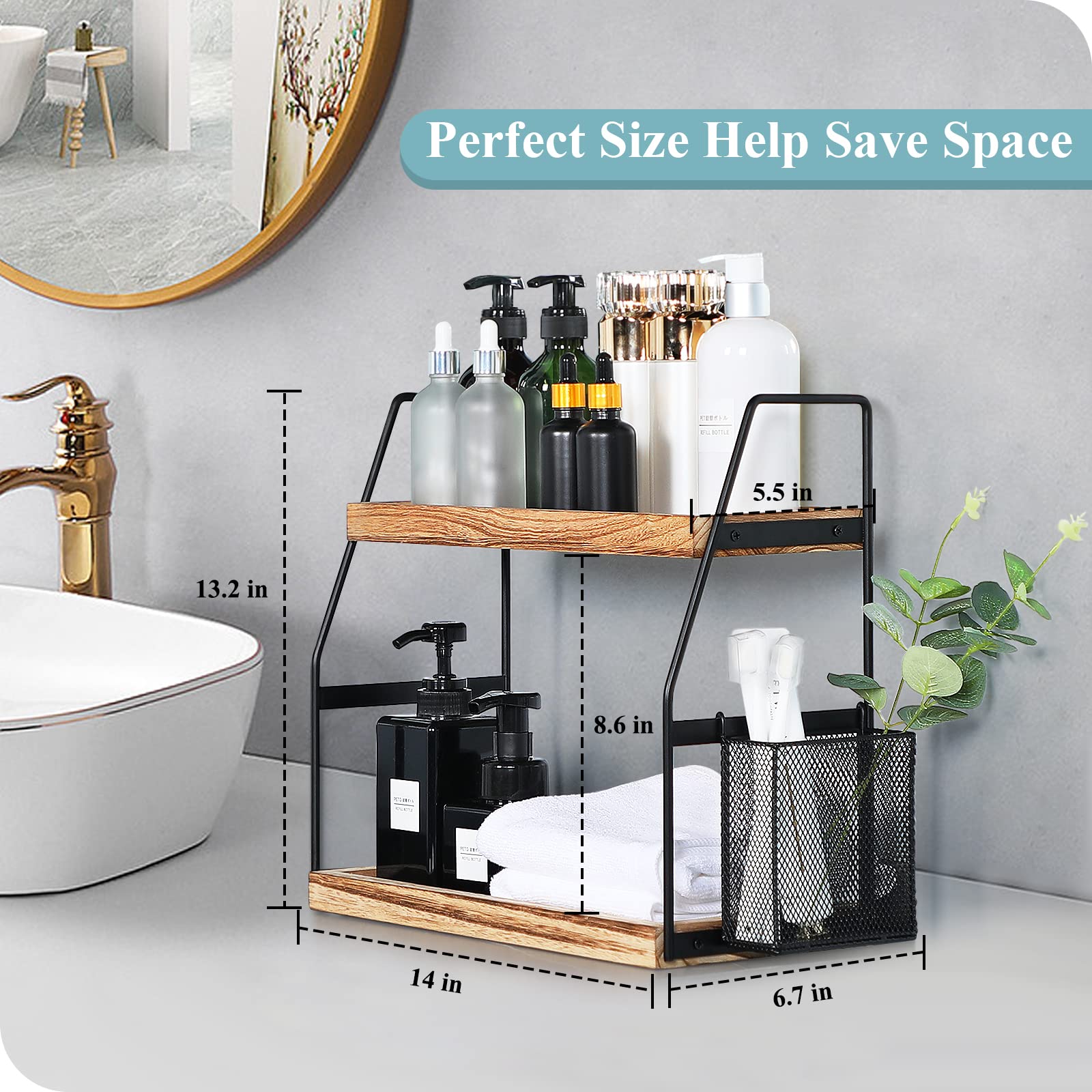 Uneviesyka Bathroom Counter Organizer, 2-Tier Standing Storage Shelf with Basket, Wood Tray for Skincare Vanity Organizer