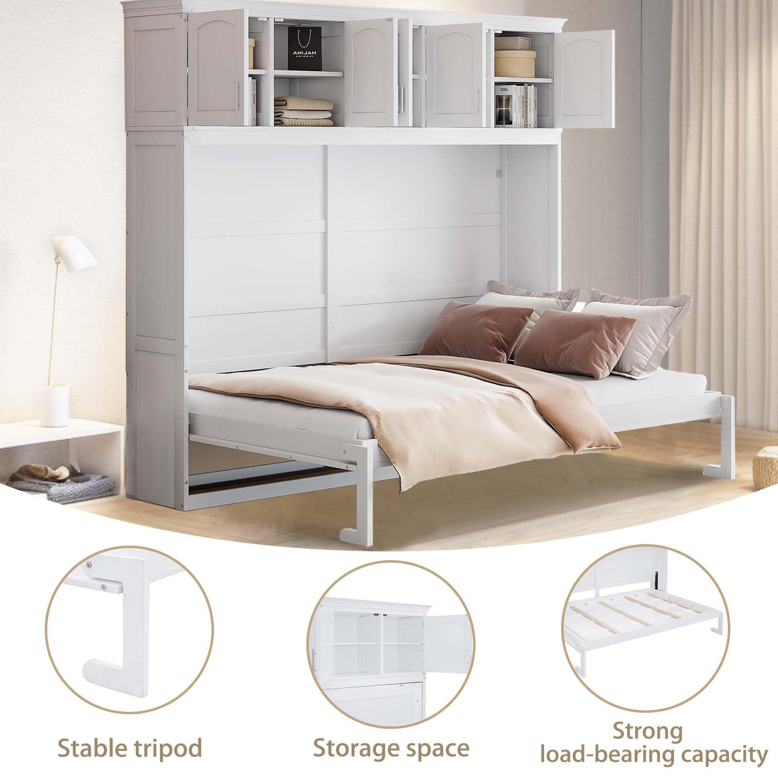 Firscook Queen Size Murphy Bed Wall Bed with Top Storage Shelves,Solid Wood Wall Bed, Multi-Functional Folding Bed Cabinet Night/Day Furniture, Space-Saving and Sturdy Slat Support, White